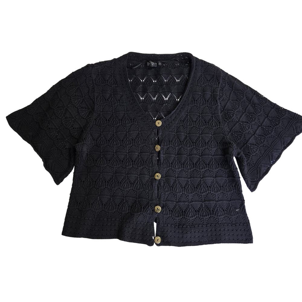 Style & Co Women Boho Whimsigoth Flare Sleeve  Open Knit Crochet Cardigan Top XL